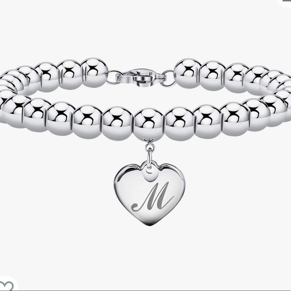 Initial M Heart Charm Bracelets 6mm steel Beads 26